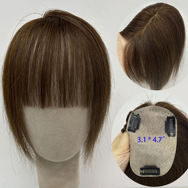 3.1*4.7" full silk based middle brown coloe human hair toppers with bangs for Thinning Hair or hair volume Free-Part Design