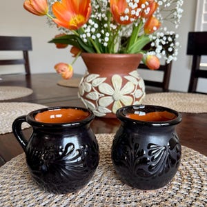 Black Talavera Jarritos, Handmade Mexican Clay Coffee Mug, Large 14oz Mug
