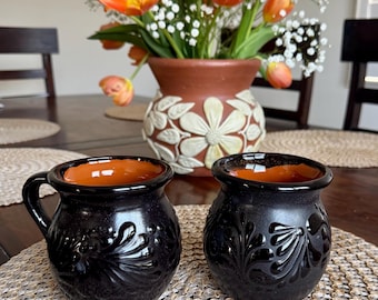 Black Talavera Jarritos, Handmade Mexican Clay Coffee Mug, Large 14oz Mug