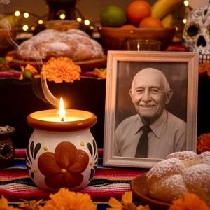 May include: A lit candle in a round, cream-colored ceramic pot with a painted brown flower design sits beside a framed black and white portrait of an elderly person. The scene includes orange marigold flowers, a sugar skull, and bread.