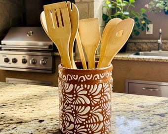 Cielito Lindo Utensil Holder | Handmade Mexican Ceramic Crock | Natural Countertop Decor  |  Rustic Kitchen|  Home Warming Gift|  Mom Gift