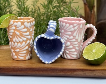 Handmade Tequila / Espresso shot glass -Mexican Talavera Heart Shaped Ceramic-Shot Glasses for Her, Gift for the Tequila Lover