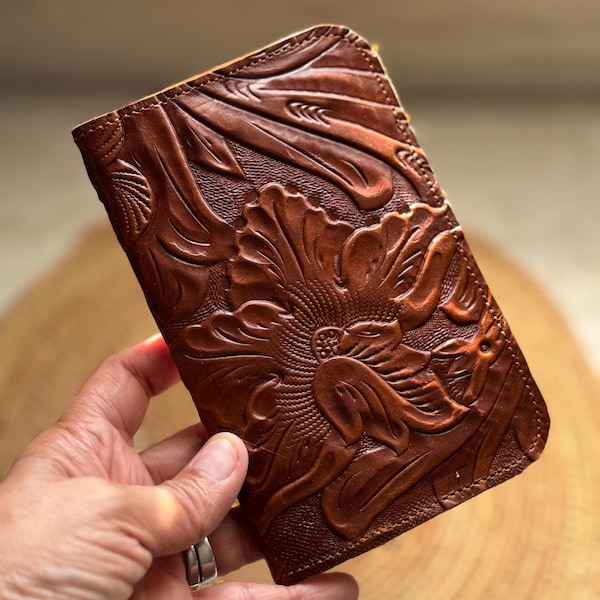Passport Wallet - Mexican Artisan Tooled Floral Leather Passport Holder -Genuine Cowhide