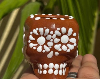 Mexican Skull Shot Glasses for Dia de Los Muertos, Halloween Barware, Gift for the Tequila Lover; Mexican Pottery Rustic Shot Glasses