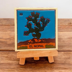 Mexican Art Decor Set: Loteria Art, Clay Tile on Wooden Stand - Folk Art Collection, Tile Art Set for Rustic Home Decor and Unique Gift