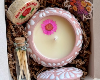Pretty Pink Ceramic Candle, Hand Painted Romantic Decorative Candle, Mexican Talavera Jewelry Trinket Candle for Mom, Floral Talavera Decor
