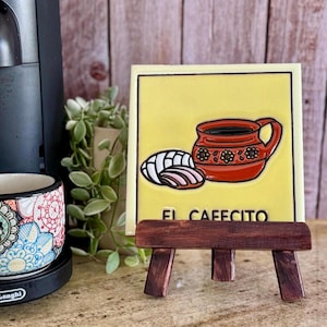 Unique “El Cafecito Tile” with stained Wood Stand,  Coffee Bar Decor, Coffee Lover Gift,  Home warming Gift; Gift for Mom, Kitchen Decor.