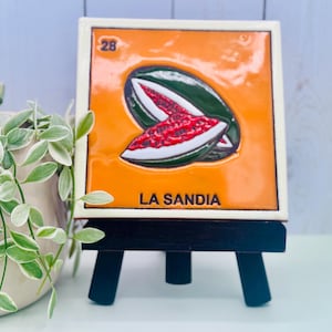 Fruit Tile Decor Set: Loteria Art, Clay Tile on Wooden Stand - Folk Art Collection, Tile Art Set for Rustic Home Decor and for Shelf Decor