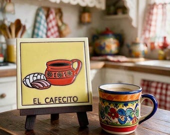 May include: A square ceramic tile featuring a yellow background with a red coffee mug and a concha bread illustration, labeled EL CAFECITO, displayed on a small wooden easel next to a colorful hand-painted ceramic mug with floral patterns.