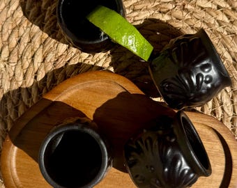 Black Pottery Shot Glasses for Milestone Birthday, Fun Party Fiesta Favors, Gift for Groomsmen; Housewarming Gift Box option