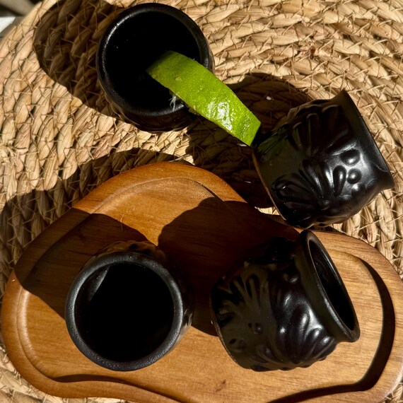 Black Pottery Shot Glasses for Milestone Birthday, Fun Party Fiesta Favors, Gift for Groomsmen; Housewarming Gift Box option