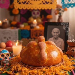 May include: A golden-brown pan de muerto bread with a rounded top and bone-shaped dough decorations, resting on a plate surrounded by orange marigold petals, a lit candle in a glass, a colorful sugar skull, and a framed photograph of an elderly person.