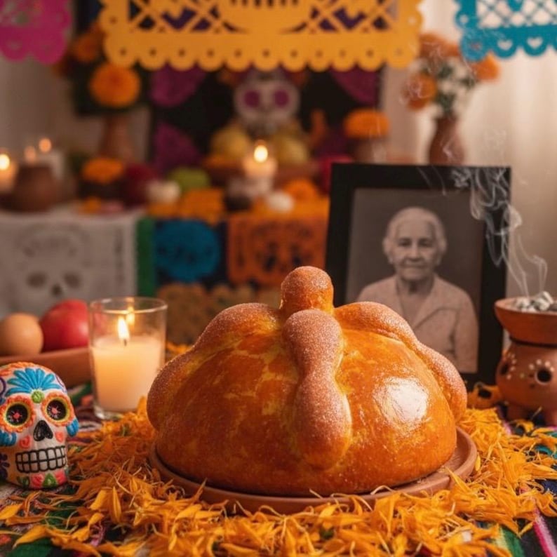 May include: A golden-brown pan de muerto bread with a rounded top and bone-shaped dough decorations, resting on a plate surrounded by orange marigold petals, a lit candle in a glass, a colorful sugar skull, and a framed photograph of an elderly person.