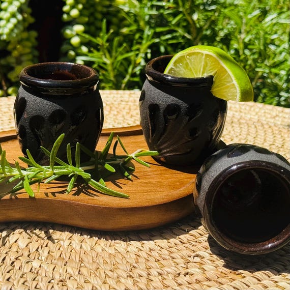 Black Pottery Shot Glasses for Milestone Birthday, Fun Party Fiesta Favors, Gift for Groomsmen; Housewarming Gift Box option