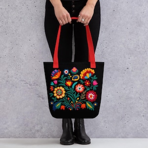 Bright Mexican Folklore Tote Bag, Floral Tote, Flower Lover Bag, Mom Gift, Mexican Flower Print Tote, Not embroidered