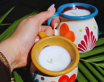 Colorful Mexican Pottery Candles for a Unique Gift, Soy Candles in a Hand Painted Clay Mug with popular Mexican Scents, Mexican Decor Gift