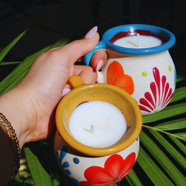 Colorful Mexican Pottery Candles for a Unique Gift, Soy Candles in a Hand Painted Clay Mug with popular Mexican Scents, Mexican Decor Gift