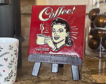 1950s Coffee Tile Art: Stained Wood Stand, Coffee Bar Decor