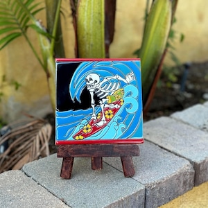 Day of the Dead Art Tiles,  Skeleton Tiles on Stained Wooden Stand, Skeleton Decor, Tile Set- Frida, Surfer, Drunk , Halloween Decor