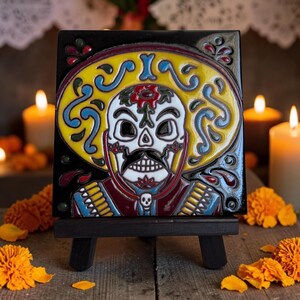 Day of the Dead Art Tiles,  Skeleton Tiles on Stained Wooden Stand, Skeleton Decor, Tile Set- Frida, Surfer, Drunk , Halloween Decor