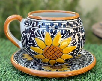 Hermoso juego de tazas con diseño de girasoles (473 ml), taza de Talavera vibrante hecha a mano, taza de café grande azul y blanca con diseño de primavera, taza de cerámica mexicana para mamá/amiga.