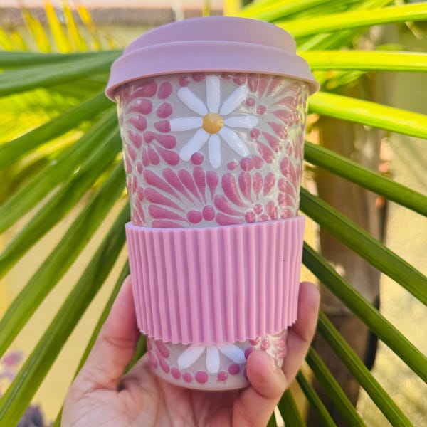 Talavera Tumbler with lid and holder, Hand Made Ceramic Travel Tumbler, Mexican Coffee Mug - Gift for Mom, Gift for Her,
