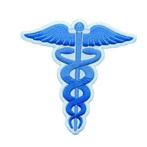 May include: An embroidered patch featuring a caduceus symbol in shades of blue. The design consists of a central staff with two wings at the top and two snakes intertwined around the staff. The entire emblem is outlined with a light blue border.