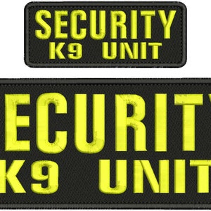 May include: Two rectangular embroidered patches with black backgrounds and bright yellow lettering. The text reads SECURITY K9 UNIT in a bold, sans-serif font. The patches feature a thick black stitched border around the entire perimeter.