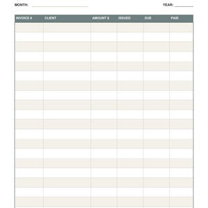 May include: A digital invoice tracker template featuring a black header with the text Invoice Tracker and GET PAID ON TIME. The form includes columns for Invoice #, Client, Amount, Issued, Due, and Paid, with rows for data entry.