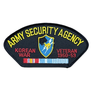 May include: A black embroidered patch with yellow text reading ARMY SECURITY AGENCY. It features a central shield with a black panther and yellow lightning bolt, red text reading KOREAN WAR VETERAN 1950-53, and a horizontal ribbon with red, white, and blue stripes.