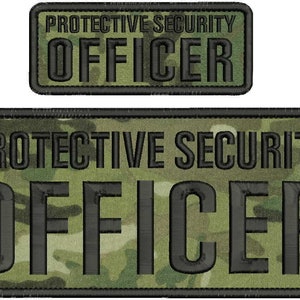 May include: Two rectangular embroidered patches featuring a green, brown, and black camouflage pattern. Both patches display the black embroidered text PROTECTIVE SECURITY OFFICER in a bold, sans-serif font with a black stitched border.