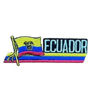 May include: An embroidered patch featuring the flag of Ecuador on a flagpole, with the word ECUADOR stitched in light blue capital letters on a background of horizontal yellow, blue, and red stripes that extend across the entire length.