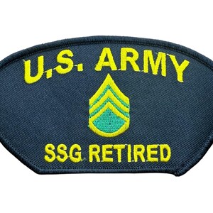 May include: A dark blue embroidered patch with a curved top and flat bottom. The text U.S. ARMY is stitched in yellow at the top, with SSG RETIRED in yellow at the bottom. A central yellow and green chevron rank insignia is positioned between the text.
