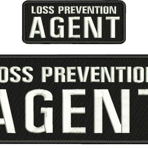 May include: Two rectangular black embroidered patches with rounded corners. Each patch features the white text LOSS PREVENTION on the top line and the word AGENT in larger white capital letters on the bottom line, with a black stitched border.