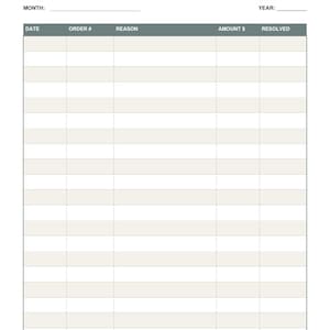 Può includere: Un modello digitale di registro resi e rimborsi con intestazione nera e testo bianco, una tabella grigia con colonne per data, numero d'ordine, motivo, importo e stato, su sfondo bianco per la gestione della contabilità aziendale.