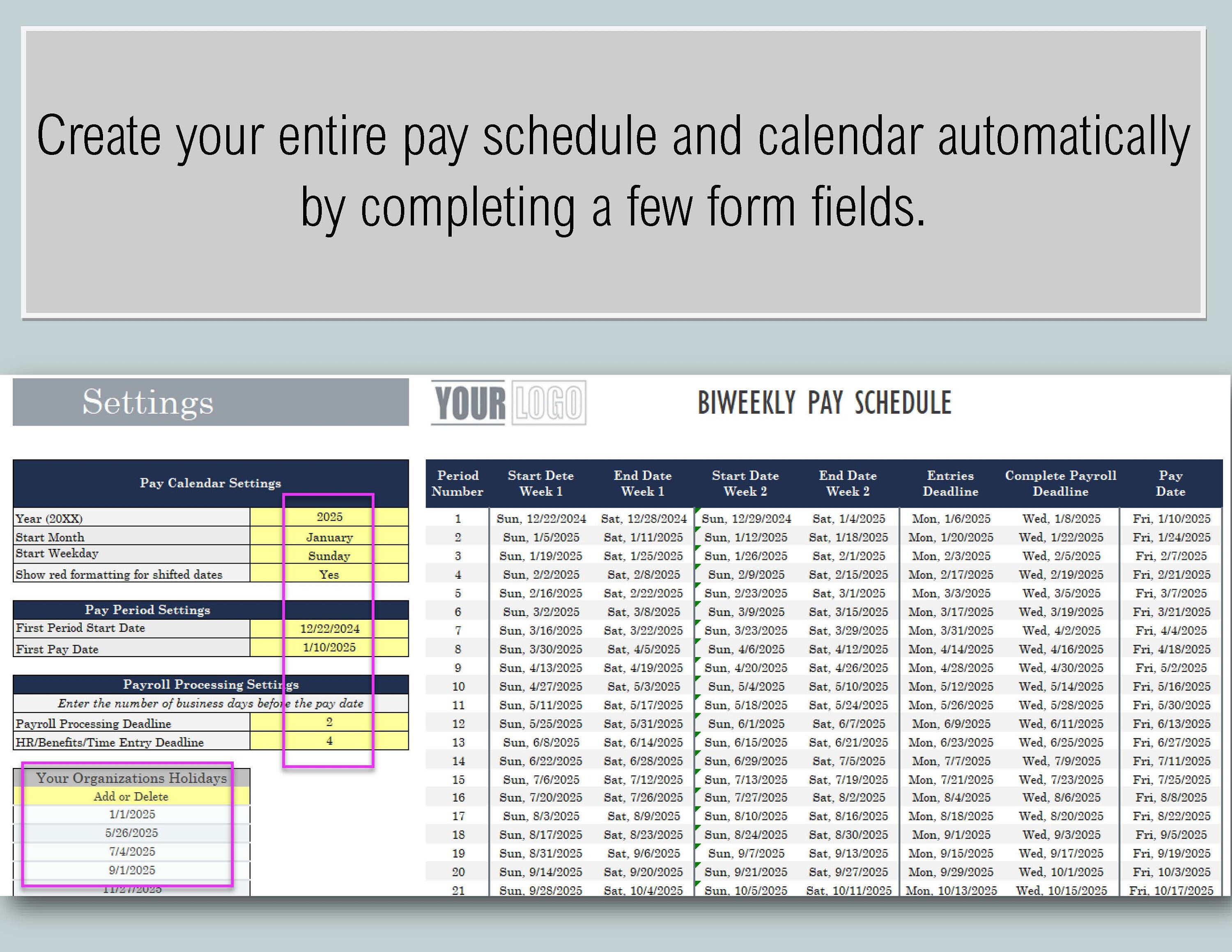 2025 Bi-weekly Payroll Calendar & Schedule Template-excel Download ...