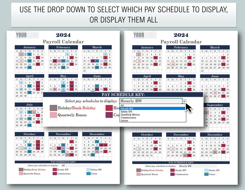 2025 or Any Year Annual Payroll Calendar Templateblue, 5 Schedules