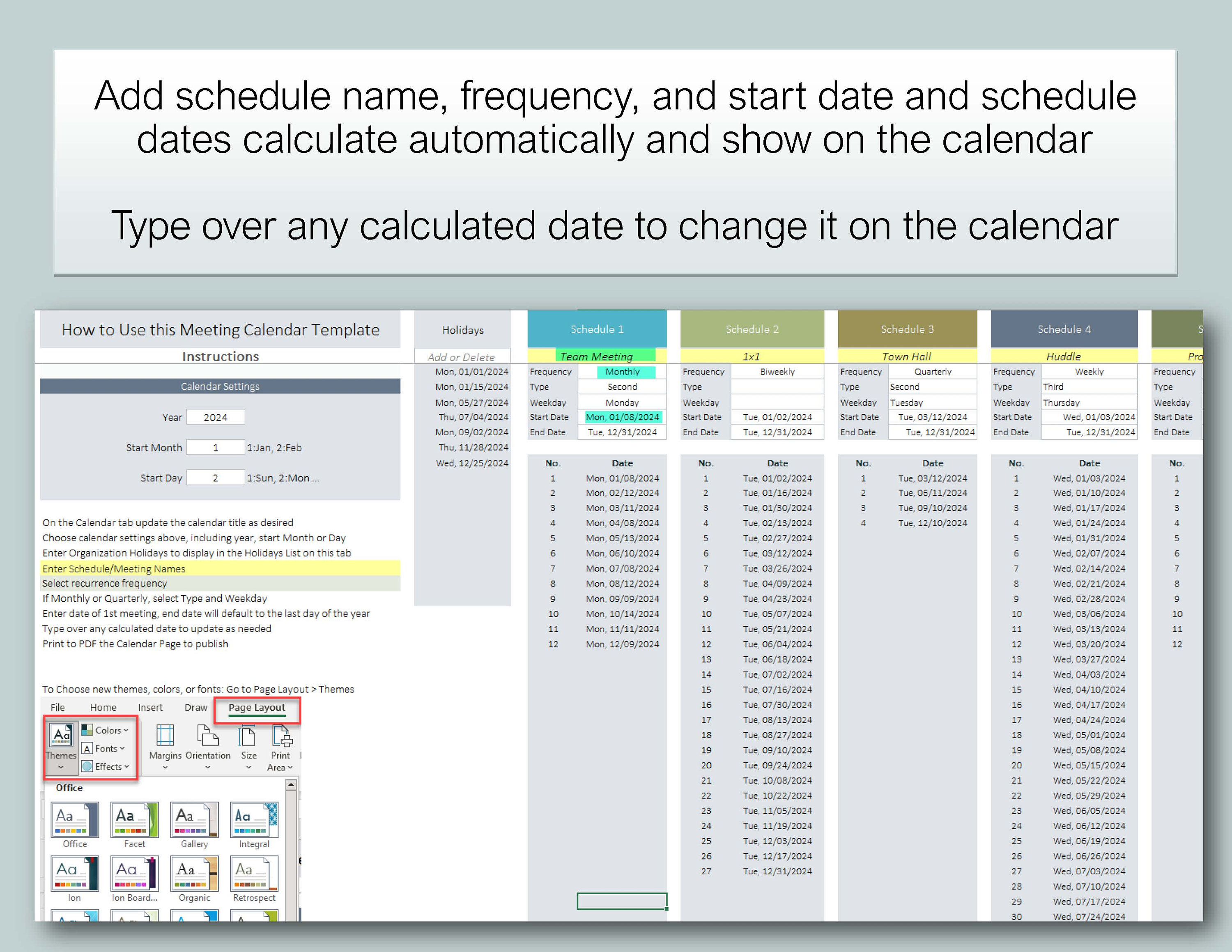 Color Coded Meeting Calendar With Drop Down List - Downloadable Excel ...