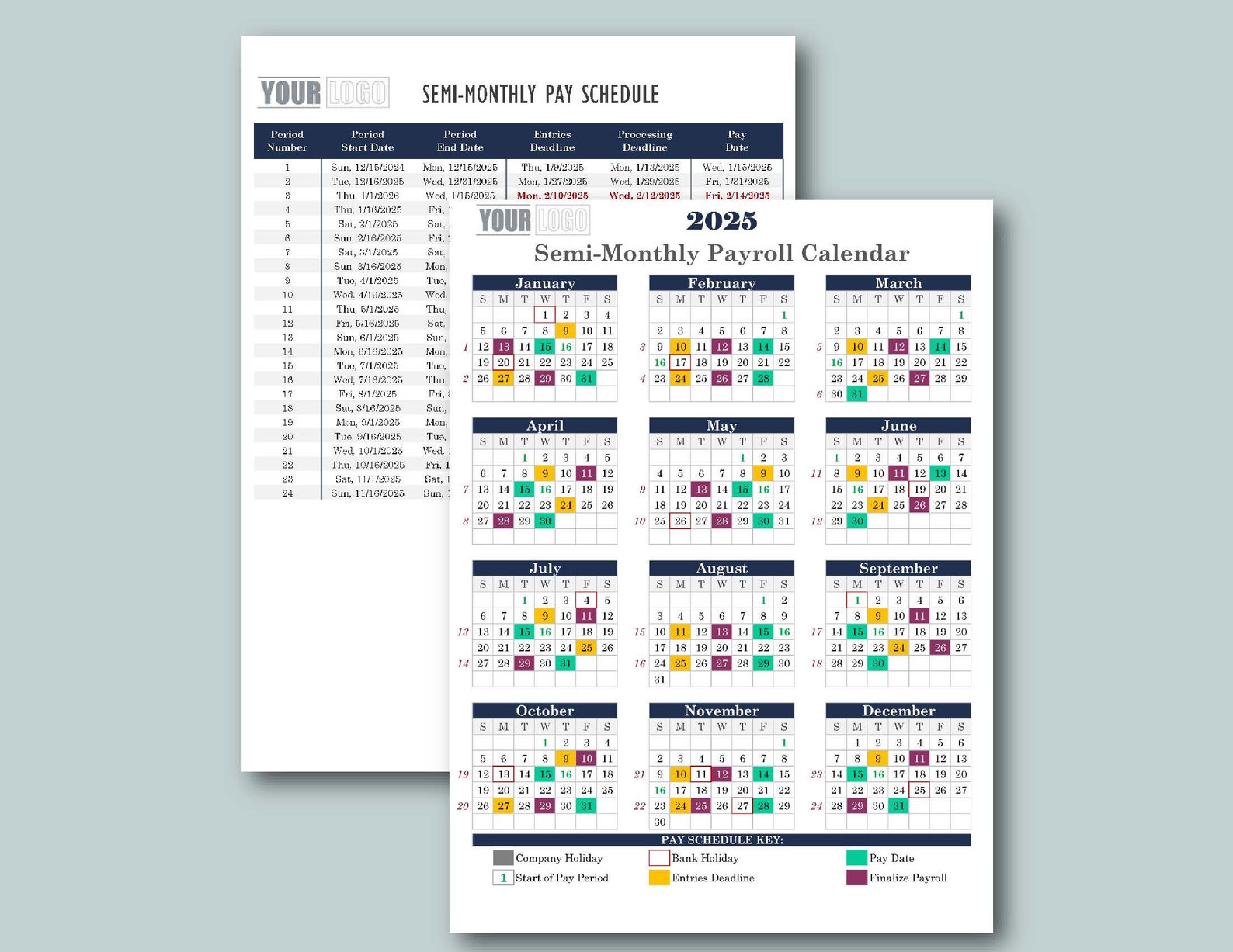 2025 Semimonthly Payroll Calendar & Schedule Templateexcel Download/printable Etsy