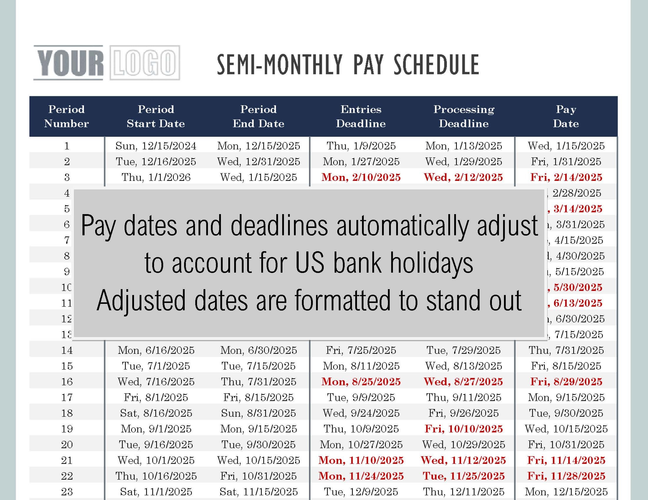 2025 Semimonthly Payroll Calendar & Schedule Templateexcel Download/printable Etsy