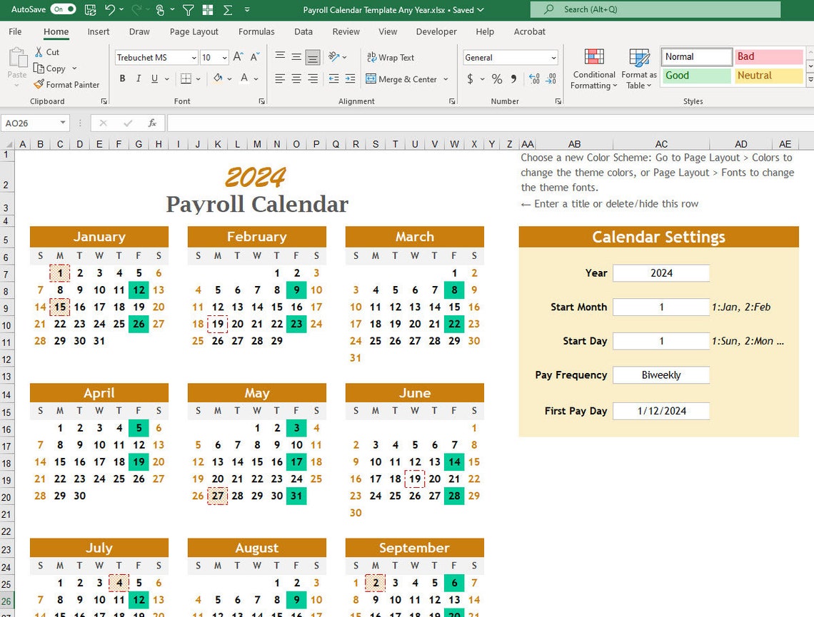 Payroll Calendar Template-excel Download-printable - Etsy