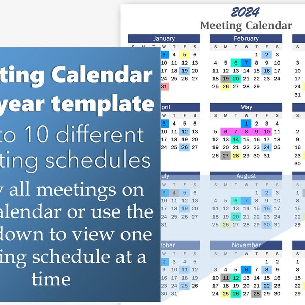 Meeting Calendar Template Download | Any Year | Up to 10 Meeting Schedules | All in One AND Drop down Options