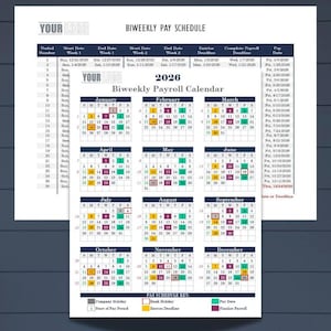 以下が含まれることがあります： 2026年の2週間ごとの給与カレンダー。給与期間、開始日と終了日、締め切り日などの詳細が記載されています。白紙に印刷され、背景は青とグレーです。測定値は適用されません。