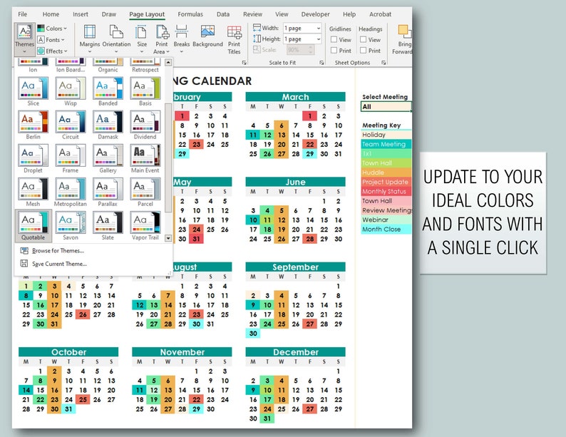 Color Coded Meeting Calendar With Drop Down List - Downloadable Excel ...