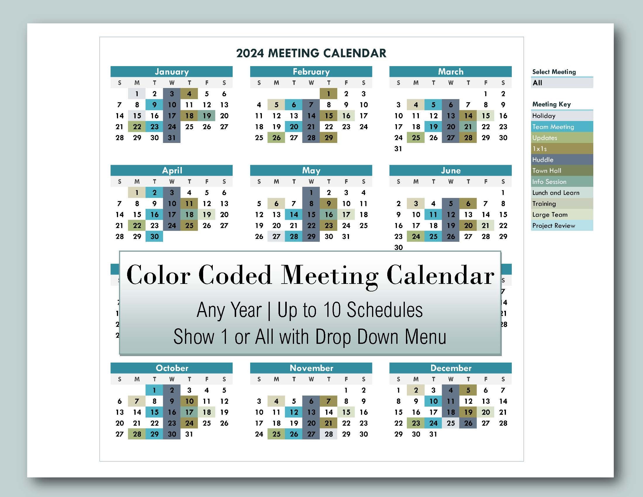 Color Coded Meeting Calendar With Drop Down List - Downloadable Excel ...
