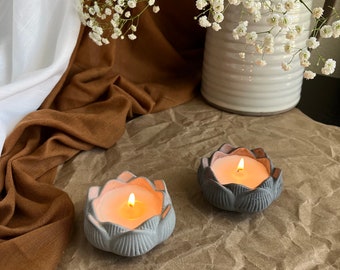 Scented Candle in Concrete Holder, Set of Two Lotus Candle,  Soy Wax Scented Candle, Graceful lotus, Cozy items