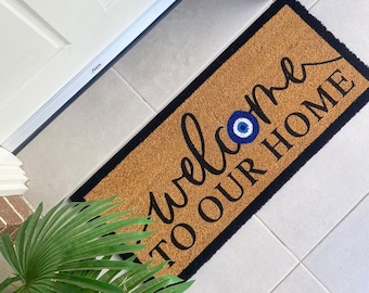 Welcome to our home Doormat with Evil eye