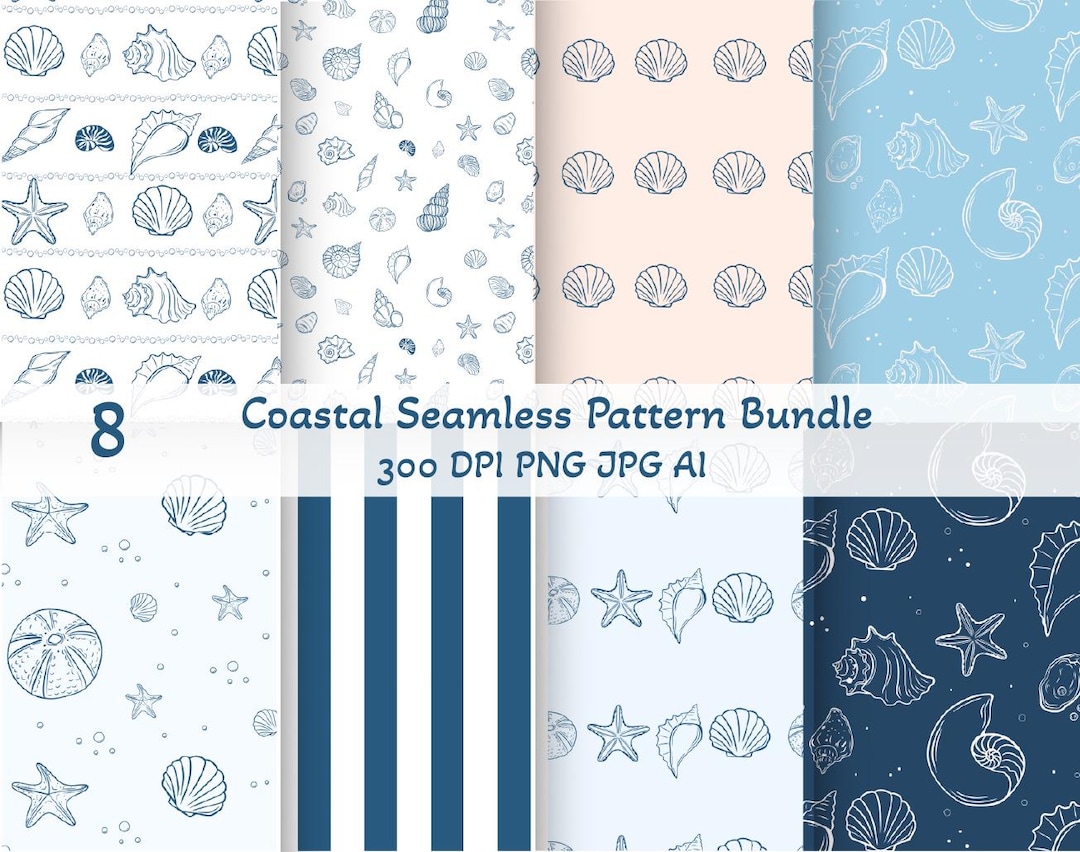 Coastal Seamless Pattern Bundle, Seashell Digital Paper, Nautical Blue ...