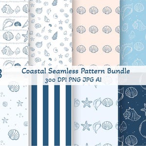 May include: Eight coastal seamless patterns featuring hand-drawn illustrations of seashells, starfish, and marine elements in blue and white. The patterns include text that reads "Coastal Seamless Pattern Bundle".