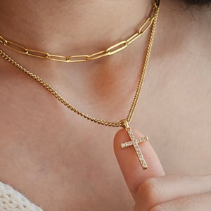 18K Gold Filled Cross Pendant Chain Necklace, Stainless Steel Gold Customizable Cross Necklace, Elegant Women&#39;s Jewelry, Gift for Her